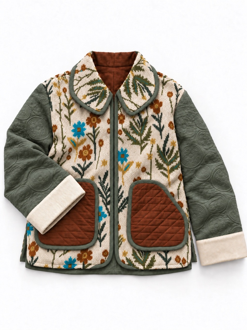 Handmade Quilted Coat Rich Fall Colors Side Slit, Patch Pockets NEW Size Medium